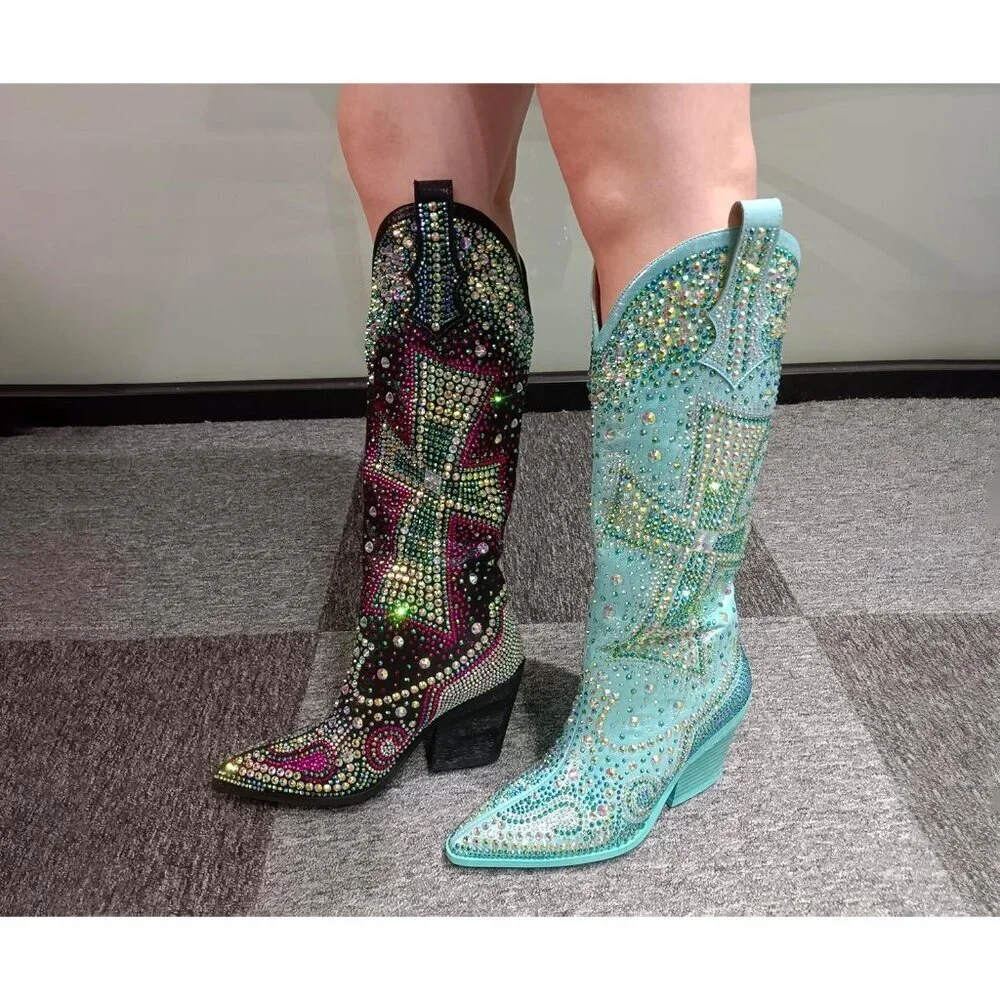 Women's Blue Fashion Rhinestone Cross Western Knee-High Cowboy Boots